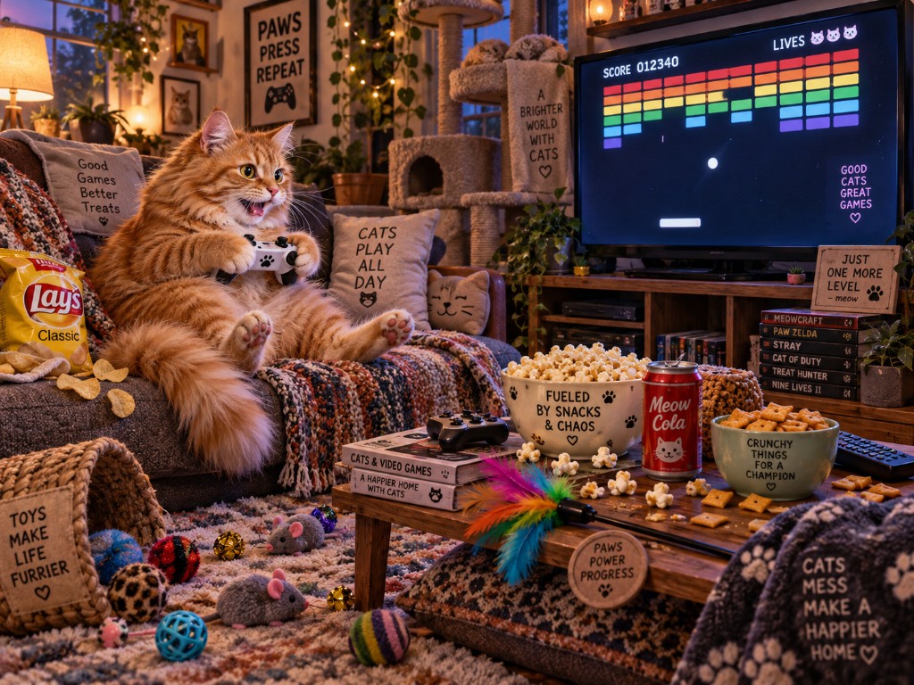 Cats piled on the couch for a BrickBlaster night