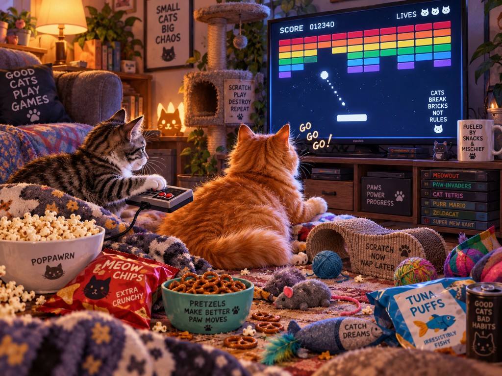 A fluffy orange cat playing BrickBlaster with snacks