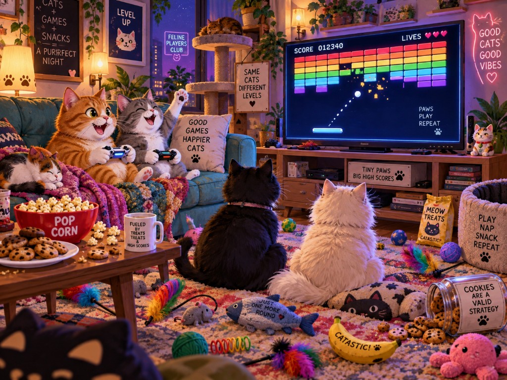 Two cats cheering a BrickBlaster rally